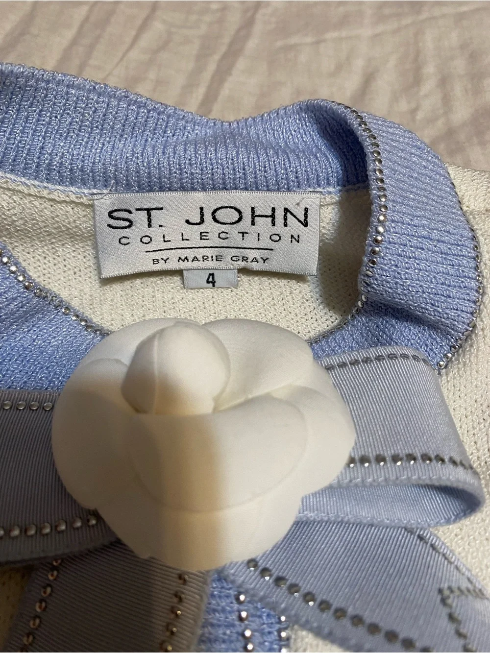 St. John Cream Knit Cardigan & Pleated Skirt with Blue and Mint Trim
